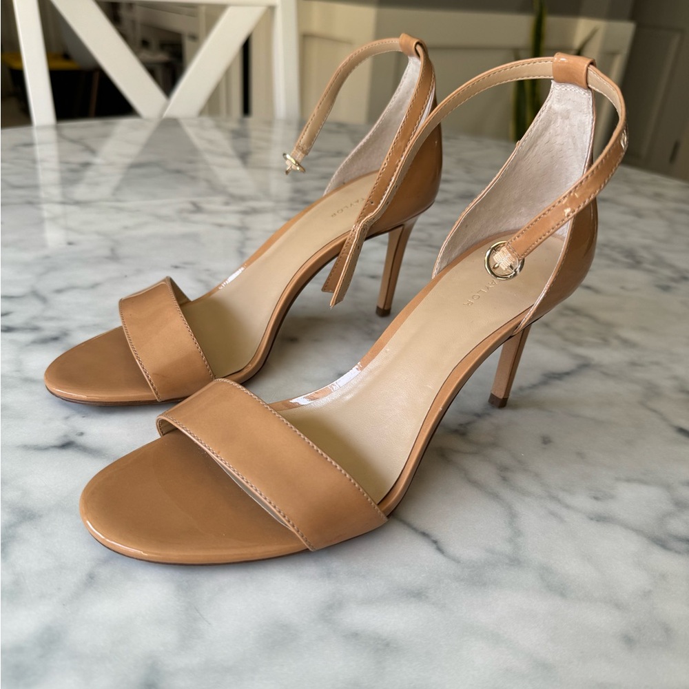 COPY - Ann Taylor nude tan beige glossy open toe strap ankle heels Womens US Si…